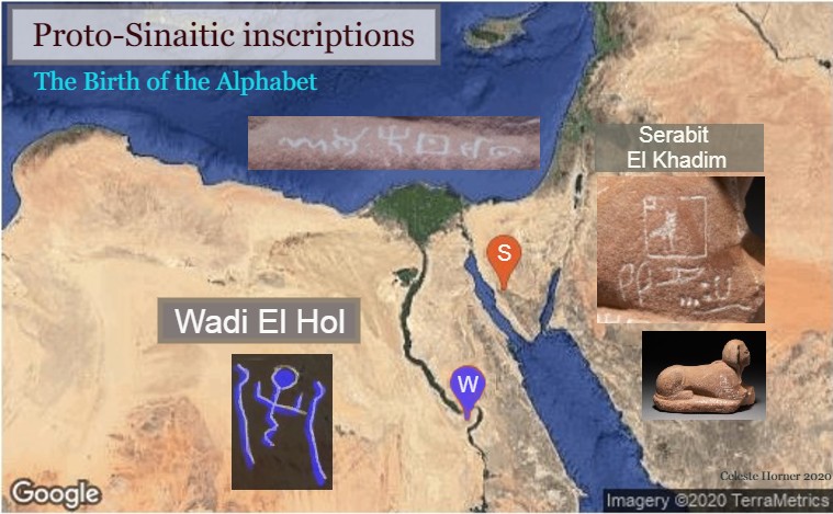 Map of Wadi El Hol, Egypt, and Serabit el Khadim in Sinai, where Proto-Sinaitic inscriptions were discovered.